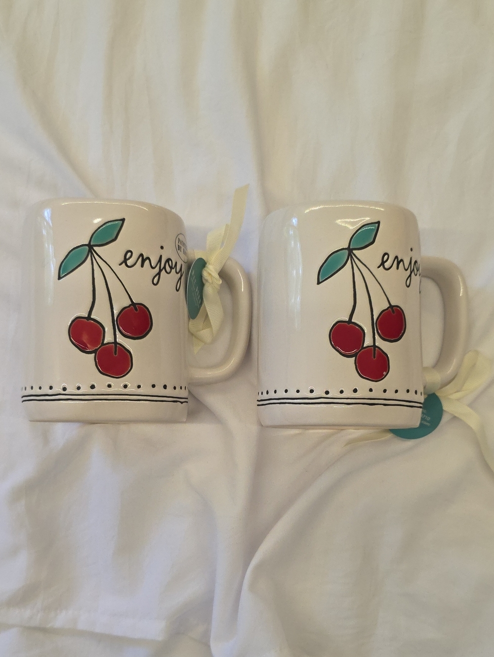 Rae Dunn Cherry Enjoy Mug Set of 2 Artisan Collection NWT Hand Painted